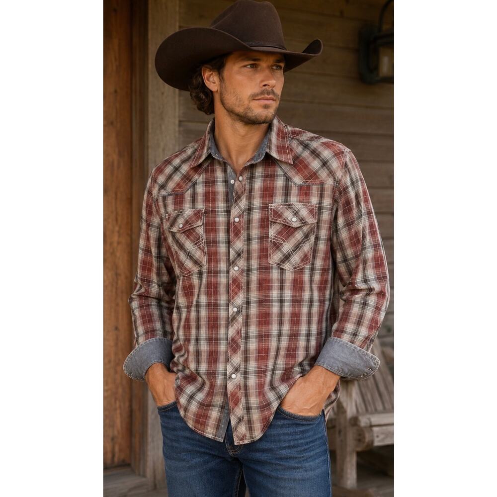 BKE Vintage 1967 Pearl Snap Plaid Western Shirt 2XL Brown Burgundy Cotton